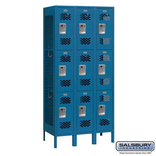 12" Wide Triple Tier Vented Metal Locker - 3 Wide - 6 Feet High - 15 Inches Deep